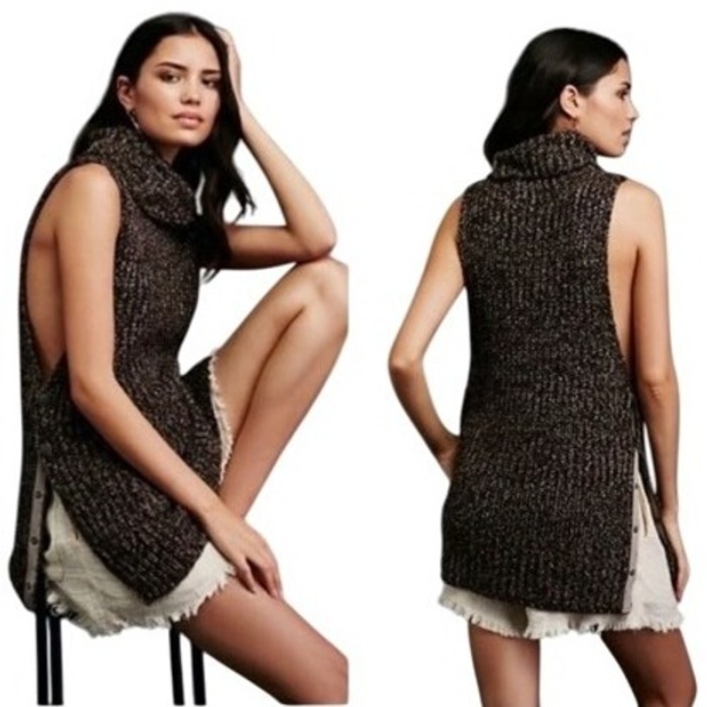 Free‎ People Knit Vest Sleeveless Cowl Tutleneck Sweater Brown Metallic Size M